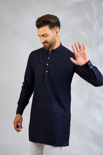 SPRING BREAK Blue Silk, Cotton Embroidered Kurta Set Online at Aza Fashions SPRING BREAK_Blue Silk, Cotton Embroidered Kurta Set _Online_at_Aza_Fashions