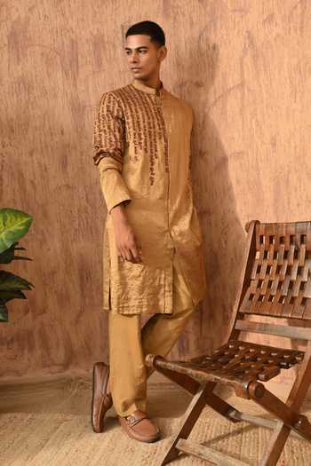 Shop_Sulakshna Jasra_Gold Tissue Embroidered Kurta And Pyjama Set _Online_at_Aza_Fashions
