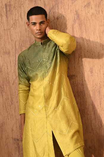 Shop Sulakshna Jasra Green Silk, Cotton, Viscose Embroidered Kurta And Pyjama Set Online at Aza Fashions Shop_Sulakshna Jasra_Green Silk, Cotton, Viscose Embroidered Kurta And Pyjama Set _Online_at_Aza_Fashions
