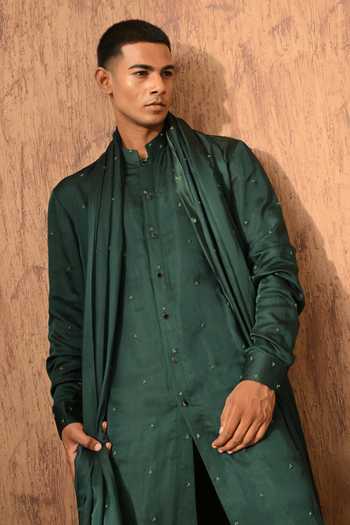 Shop_Sulakshna Jasra_Green Satin, Linen Frenchknots Embroidered Kurta Set _Online_at_Aza_Fashions