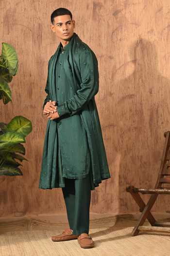 Buy_Sulakshna Jasra_Green Satin, Linen Frenchknots Embroidered Kurta Set 