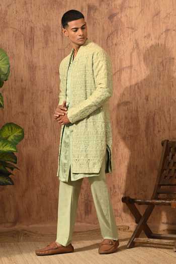 Sulakshna Jasra_Green Chanderi Mirrorwork Kurta And Pyjama Set _Online_at_Aza_Fashions