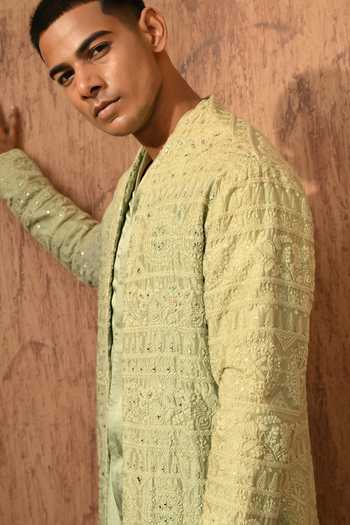 Buy_Sulakshna Jasra_Green Chanderi Mirrorwork Kurta And Pyjama Set _Online_at_Aza_Fashions