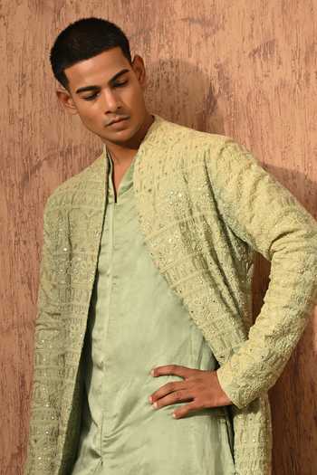 Shop_Sulakshna Jasra_Green Chanderi Mirrorwork Kurta And Pyjama Set _Online_at_Aza_Fashions