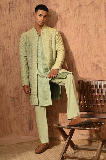 Sulakshna Jasra_Green Chanderi Mirrorwork Kurta And Pyjama Set _at_Aza_Fashions