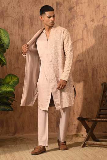 Shop_Sulakshna Jasra_Rose Gold Chanderi Kurta And Pyjama Set _Online_at_Aza_Fashions