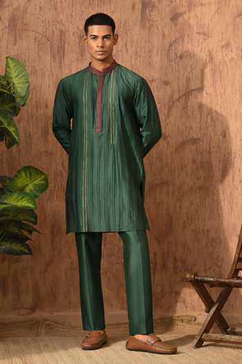 Sulakshna Jasra_Rust Silk, Cotton, Polyester Printed Bandhgala Set _Online_at_Aza_Fashions