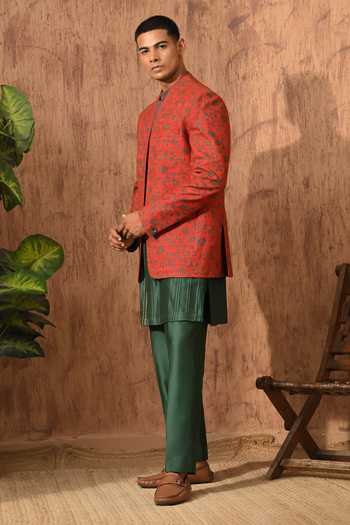 Buy_Sulakshna Jasra_Rust Silk, Cotton, Polyester Printed Bandhgala Set _Online_at_Aza_Fashions
