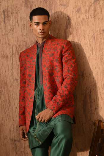 Shop_Sulakshna Jasra_Rust Silk, Cotton, Polyester Printed Bandhgala Set _Online_at_Aza_Fashions