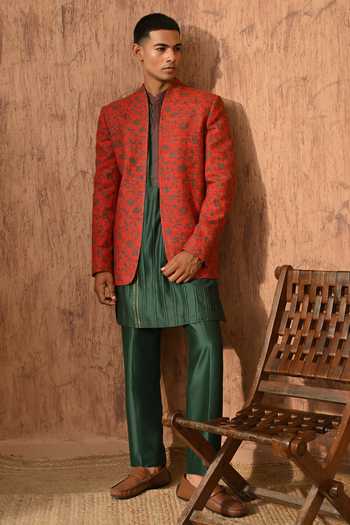 Sulakshna Jasra_Rust Silk, Cotton, Polyester Printed Bandhgala Set _at_Aza_Fashions