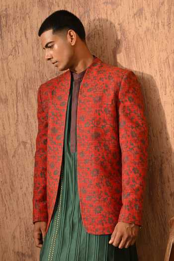 Buy_Sulakshna Jasra_Rust Silk, Cotton, Polyester Printed Bandhgala Set 