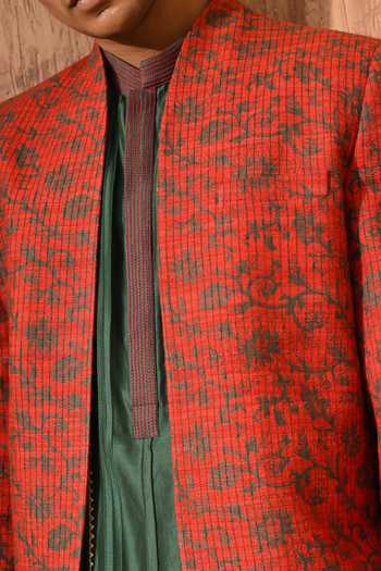 Shop_Sulakshna Jasra_Rust Silk, Cotton, Polyester Printed Bandhgala Set 