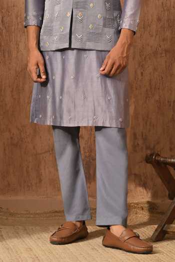 Sulakshna Jasra_Grey Satin, Linen Embroidered Nehru Jacket Set _Online_at_Aza_Fashions