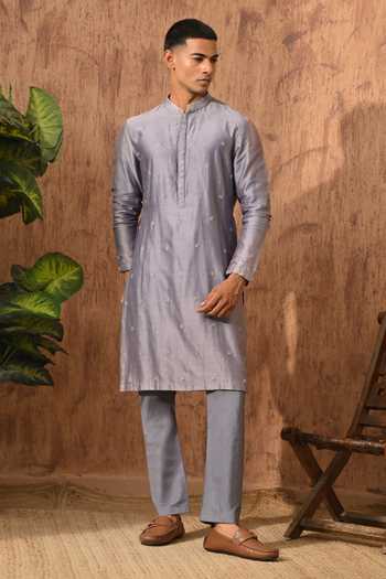 Buy_Sulakshna Jasra_Grey Satin, Linen Embroidered Nehru Jacket Set _Online_at_Aza_Fashions