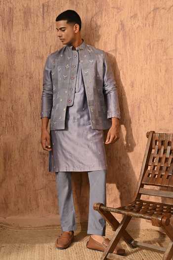 Shop_Sulakshna Jasra_Grey Satin, Linen Embroidered Nehru Jacket Set _Online_at_Aza_Fashions