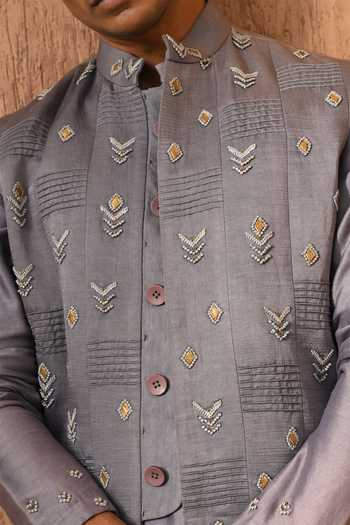 Buy_Sulakshna Jasra_Grey Satin, Linen Embroidered Nehru Jacket Set 
