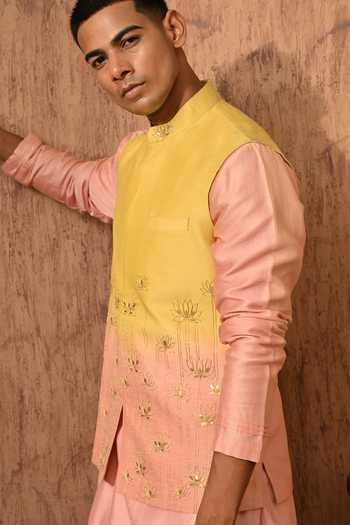 Buy_Sulakshna Jasra_Peach Silk Ombre Nehru Jacket Set _Online_at_Aza_Fashions