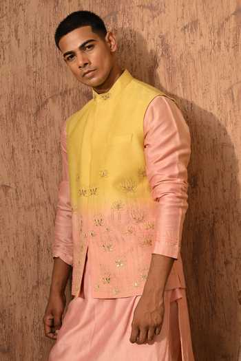 Shop_Sulakshna Jasra_Peach Silk Ombre Nehru Jacket Set _Online_at_Aza_Fashions