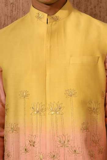 Sulakshna Jasra_Peach Silk Ombre Nehru Jacket Set _at_Aza_Fashions