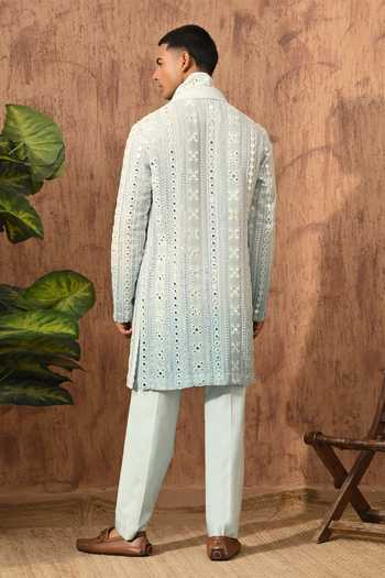 Shop Sulakshna Jasra Green Cotton, Georgette Embroidered Kurta Set at Aza Fashions Shop_Sulakshna Jasra_Green Cotton, Georgette Embroidered Kurta Set _at_Aza_Fashions