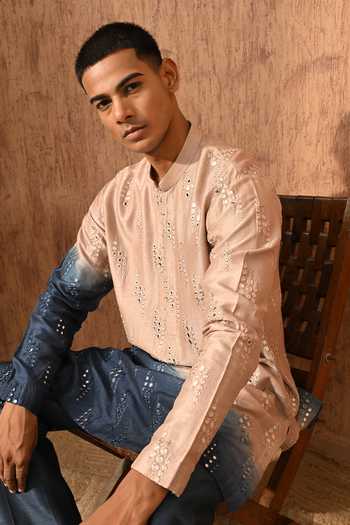 Sulakshna Jasra_Grey Silk, Cotton, Viscose Patra Work Kurta And Pyjama Set _Online_at_Aza_Fashions