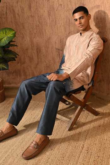 Buy_Sulakshna Jasra_Grey Silk, Cotton, Viscose Patra Work Kurta And Pyjama Set _Online_at_Aza_Fashions