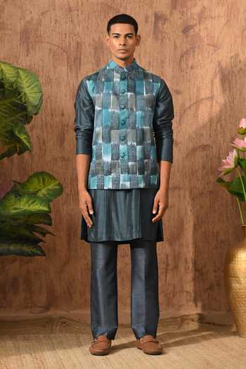 Shop_Sulakshna Jasra_Blue Silk Sleeveless Bundi Kurta Set _Online_at_Aza_Fashions