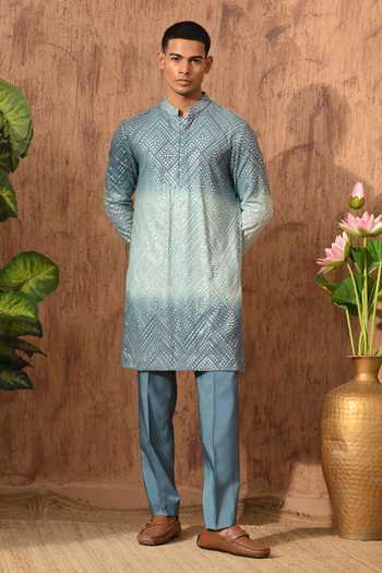 Shop_Sulakshna Jasra_Blue Georgette Patra Work Kurta And Pyjama Set _Online_at_Aza_Fashions