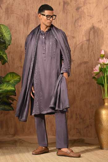 Sulakshna Jasra_Purple Satin, Linen Kurta Set _Online_at_Aza_Fashions