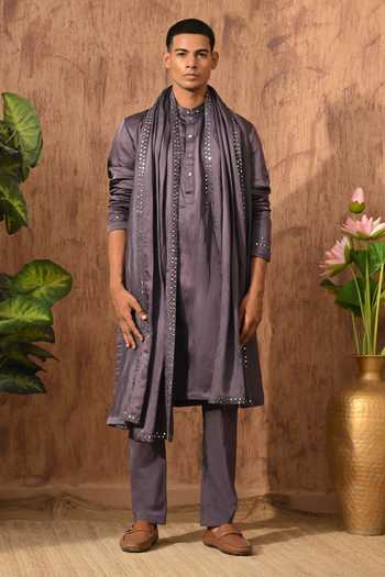 Buy_Sulakshna Jasra_Purple Satin, Linen Kurta Set _Online_at_Aza_Fashions