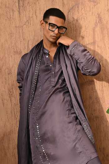 Shop_Sulakshna Jasra_Purple Satin, Linen Kurta Set _Online_at_Aza_Fashions