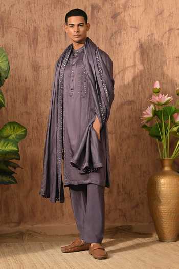 Sulakshna Jasra_Purple Satin, Linen Kurta Set _at_Aza_Fashions