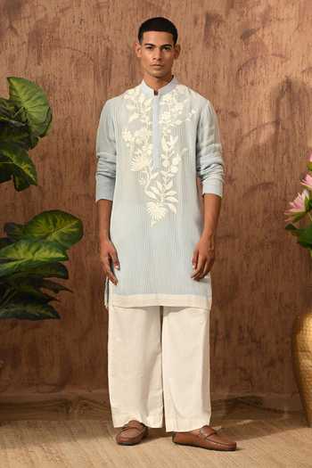 Buy_Sulakshna Jasra_Blue Cotton, Organza Kurta And Pyjama Set _Online_at_Aza_Fashions