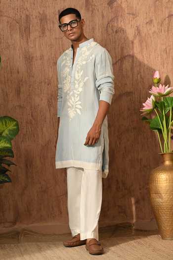 Shop_Sulakshna Jasra_Blue Cotton, Organza Kurta And Pyjama Set _Online_at_Aza_Fashions