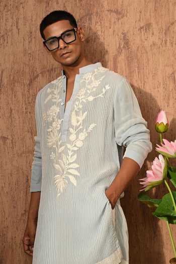 Buy_Sulakshna Jasra_Blue Cotton, Organza Kurta And Pyjama Set 