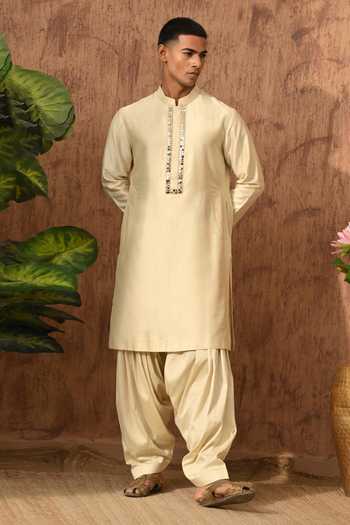 Buy_Sulakshna Jasra_Beige Silk, Cotton, Viscose Kurta Set _Online_at_Aza_Fashions