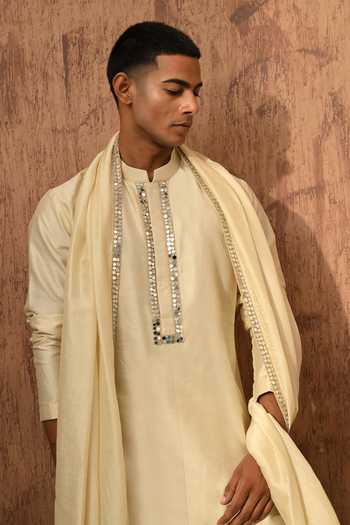 Shop_Sulakshna Jasra_Beige Silk, Cotton, Viscose Kurta Set _Online_at_Aza_Fashions