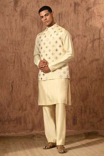 Shop_Sulakshna Jasra_Beige Tissue Mirrorwork Bundi Pyjama Set _Online_at_Aza_Fashions