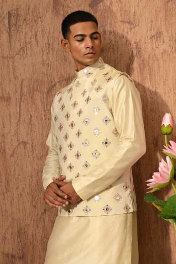 Shop_Sulakshna Jasra_Beige Tissue Mirrorwork Bundi Pyjama Set 
