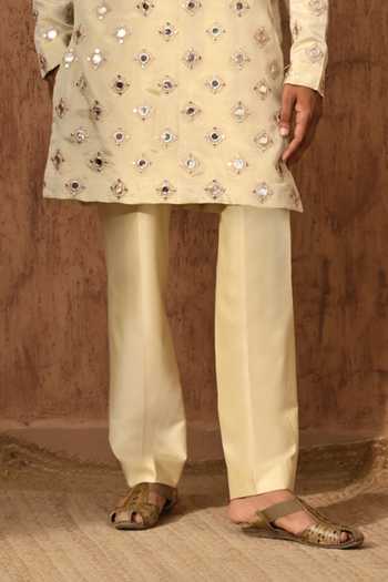 Buy_Sulakshna Jasra_Beige Tissue Mirrorwork Kurta And Pyjama Set _Online_at_Aza_Fashions