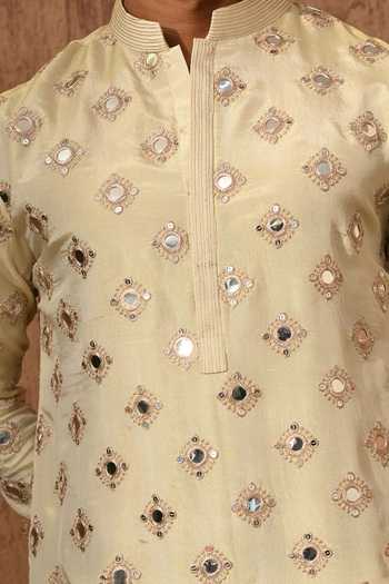 Shop_Sulakshna Jasra_Beige Tissue Mirrorwork Kurta And Pyjama Set _Online_at_Aza_Fashions