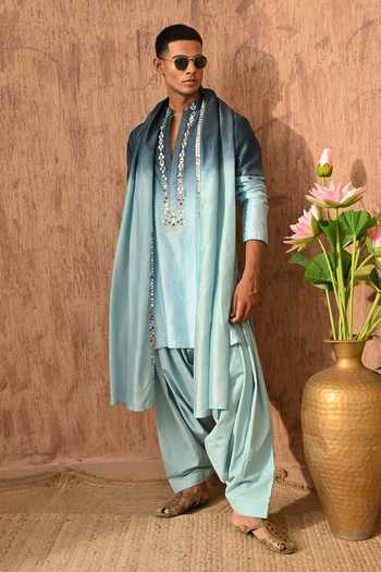 Sulakshna Jasra_Blue Chanderi Mirror Embroidered Kurta And Salwar Set _at_Aza_Fashions