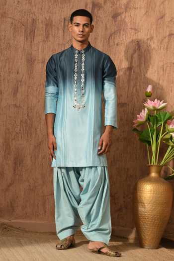 Shop_Sulakshna Jasra_Blue Chanderi Mirror Embroidered Kurta And Salwar Set 