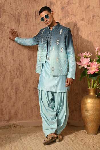 Buy_Sulakshna Jasra_Blue Chanderi Bundi And Kurta Set _Online_at_Aza_Fashions
