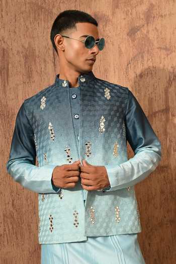 Shop_Sulakshna Jasra_Blue Chanderi Bundi And Kurta Set _Online_at_Aza_Fashions