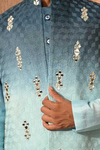 Shop_Sulakshna Jasra_Blue Chanderi Bundi And Kurta Set 