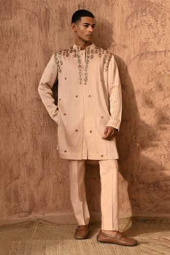Buy_Sulakshna Jasra_Rose Gold Linen, Satin Kurta And Pant Set _Online_at_Aza_Fashions