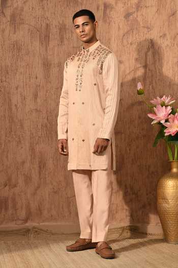 Shop_Sulakshna Jasra_Rose Gold Linen, Satin Kurta And Pant Set _Online_at_Aza_Fashions
