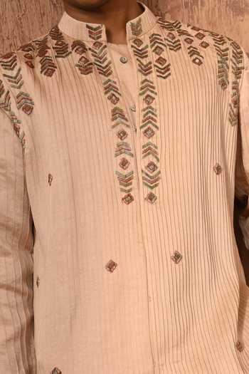 Shop_Sulakshna Jasra_Rose Gold Linen, Satin Kurta And Pant Set 