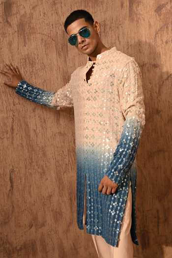Shop_Sulakshna Jasra_Rose Gold Georgette Embroidered Kurta And Pant Set _Online_at_Aza_Fashions